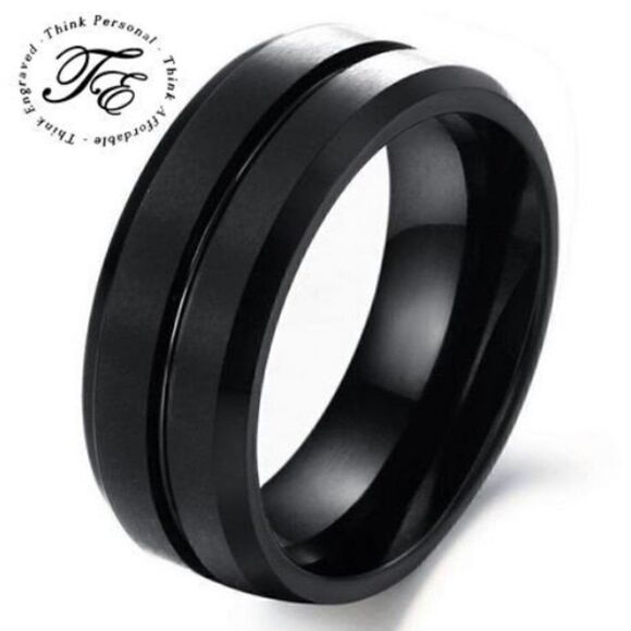 Men's Black Center Groove Promise Ring With Step Edges - Picture 1 of 7